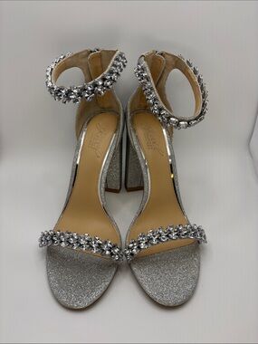 Jewel Badgley Mischka Silver Crystal Ankle-Strap Block Heels